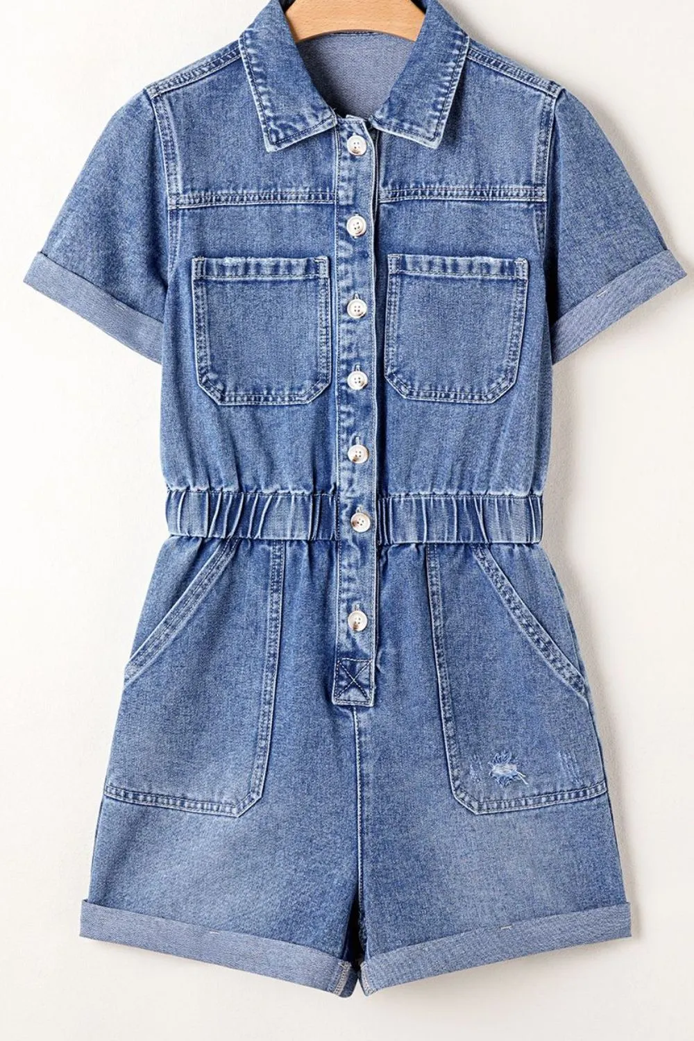 Chest Pocket Front Buttoned Folded Edge Denim Short Sleeve Romper, image 4
