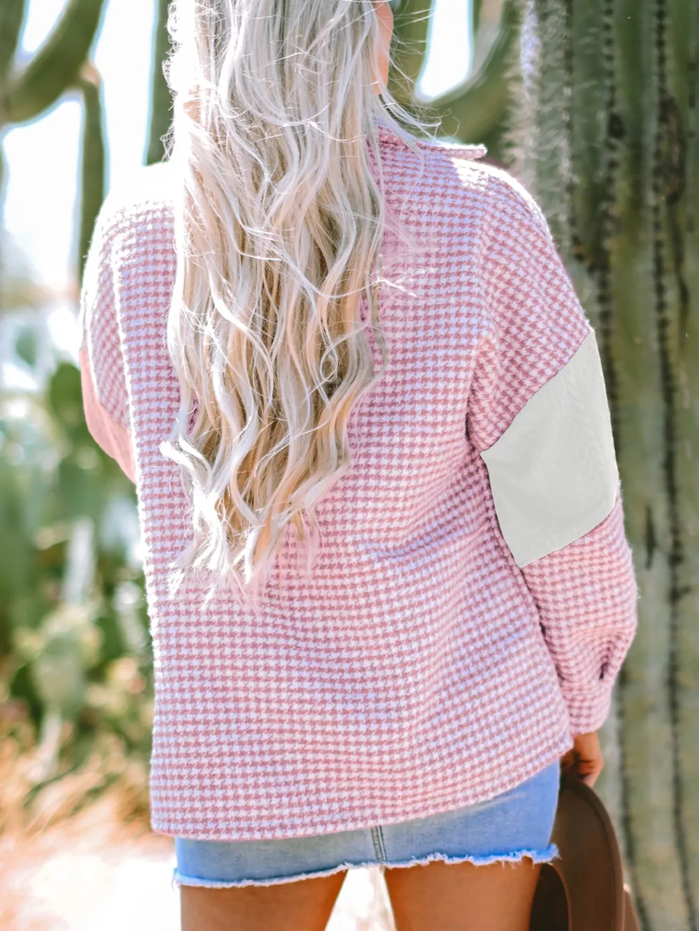 Button Down Houndstooth Color Block Shacket, image 5