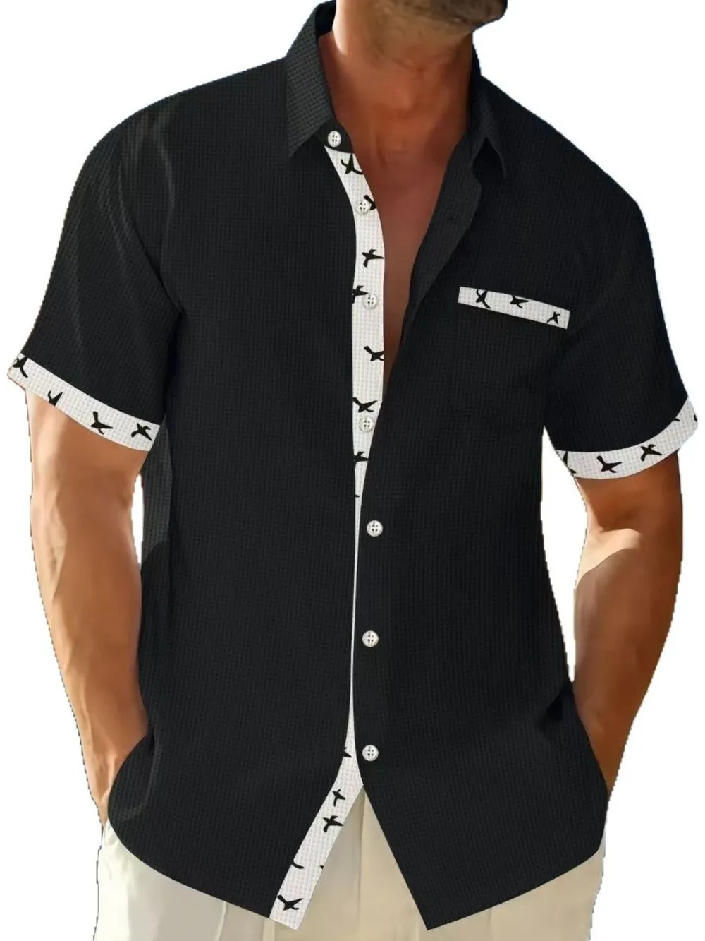 Men's Full Size Contrast Trim Waffle Knit Short Sleeve Shirt Plus Size, image 7