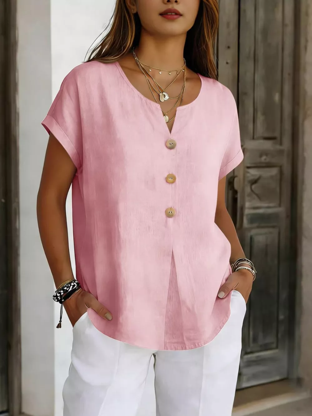 Decor Button Short Sleeve Blouse, image 5