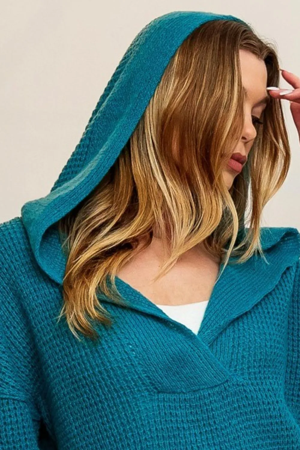 Raw Edge Detail V-Neck Sweater Hoodie, image 3