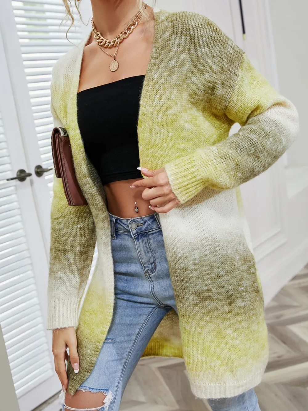Full Size Pocketed Open Front Gradient Cardigan, image 3