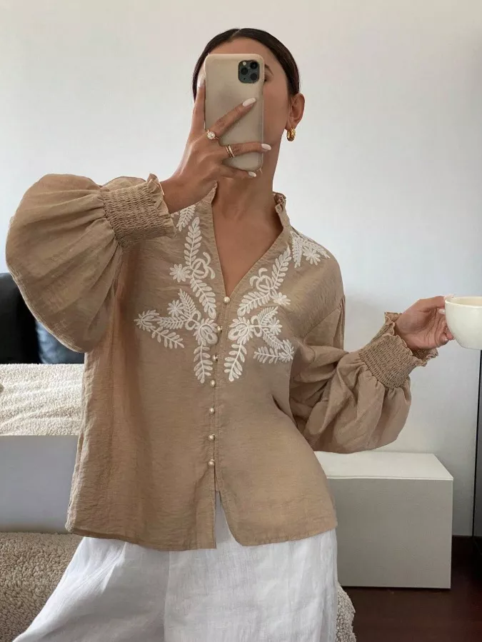 Embroidered Notched Long Sleeve Blouse, image 14