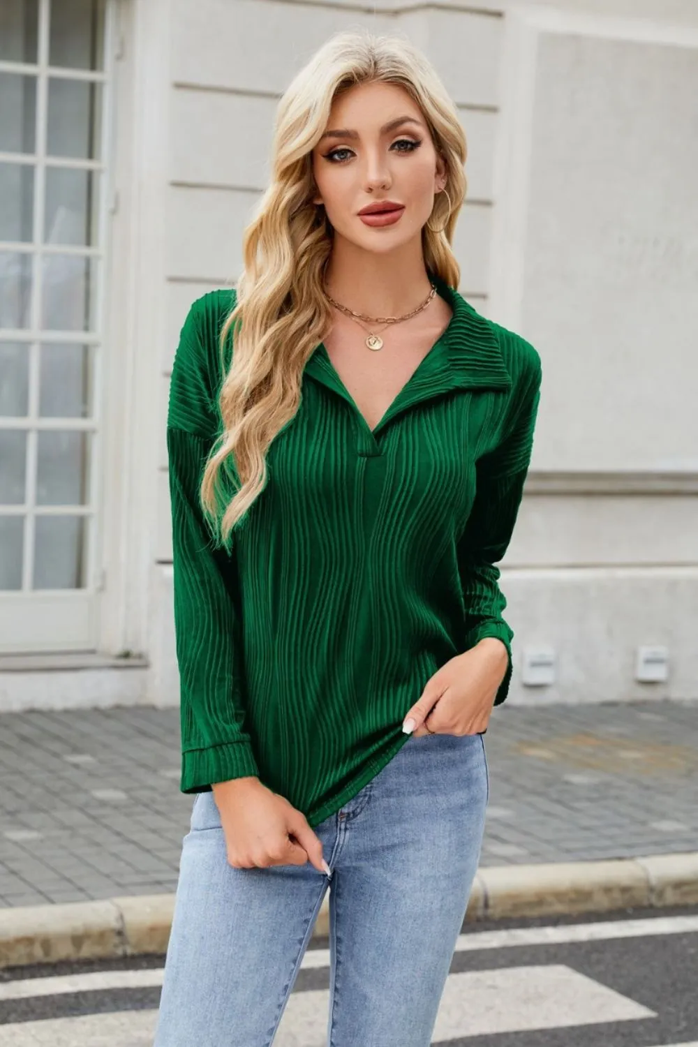 Texture Collared Neck Long Sleeve Blouse, image 3