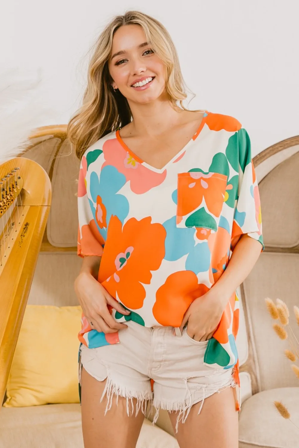 Floral V Neck Slit Side T-Shirt, image 2