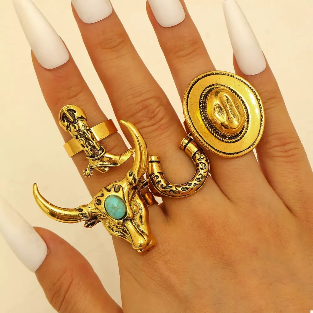 4 Piece Vintage Western Style Bull Head Rings, image 8