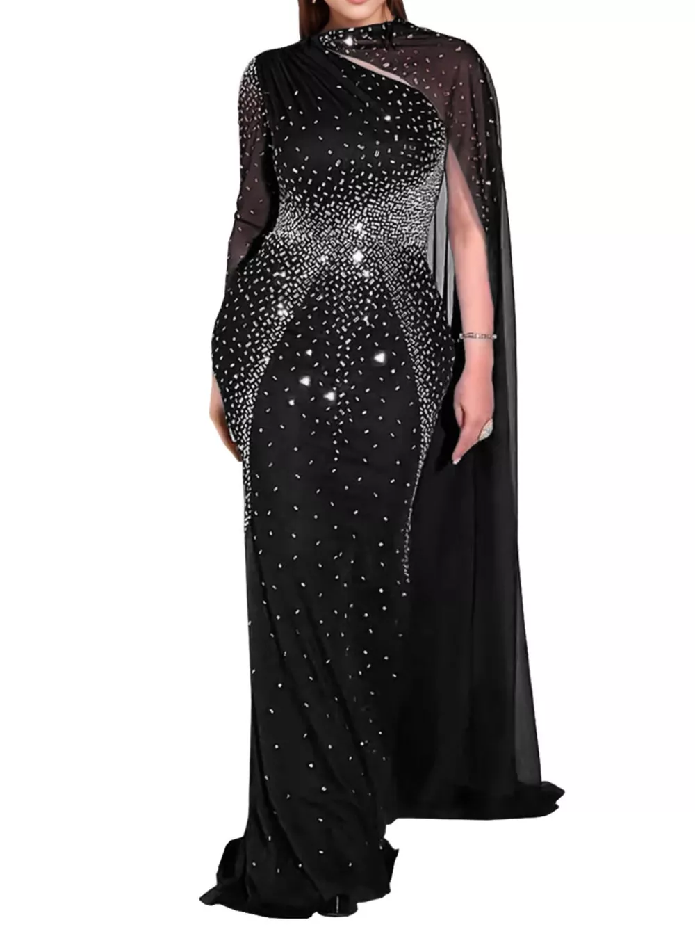 Rhinestone Embellished Cape Maxi Dress, image 3