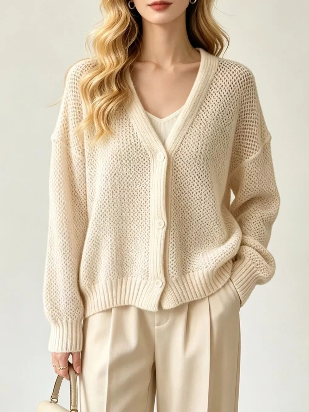 V-Neck Open-Knit Button-Down Cardigan, image 5