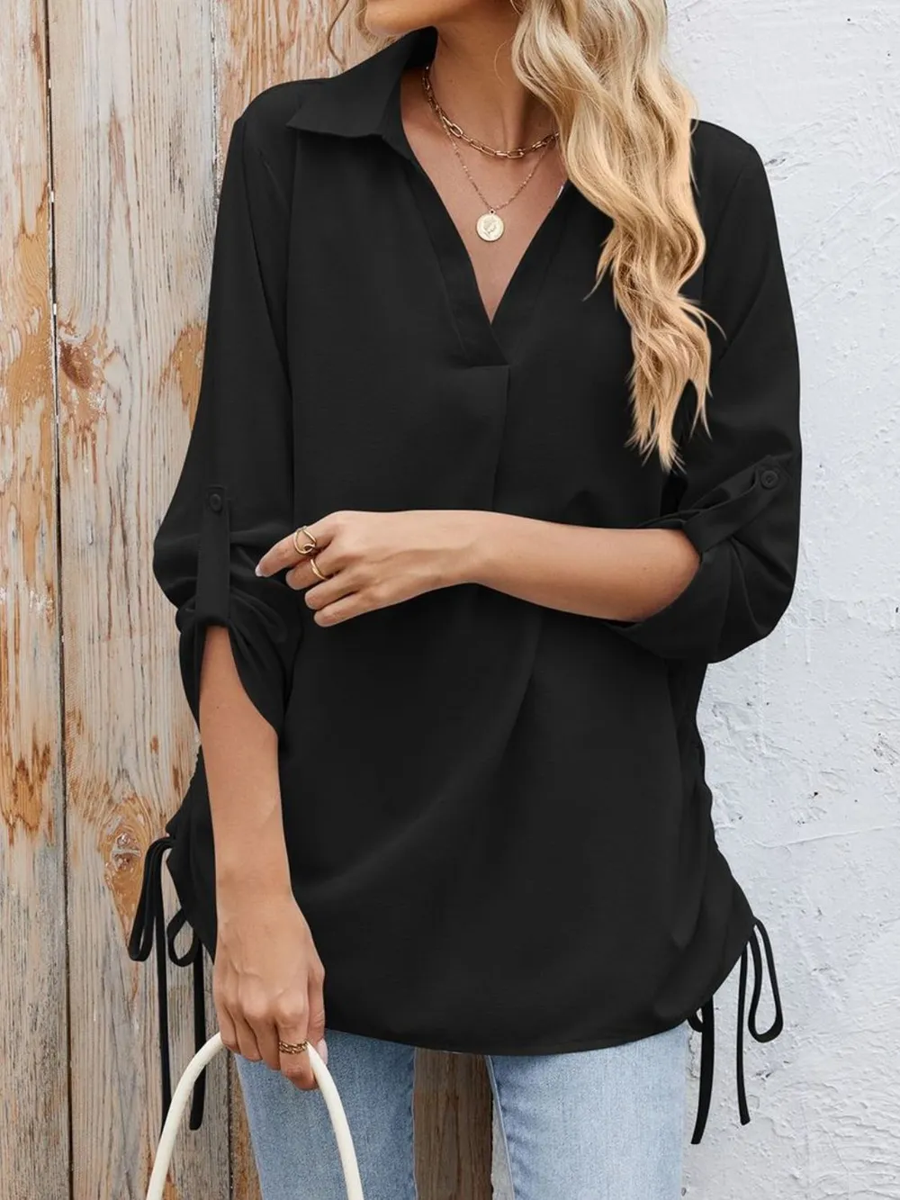 Drawstring Johnny Collared Three-Quarter Sleeve Top, image 15