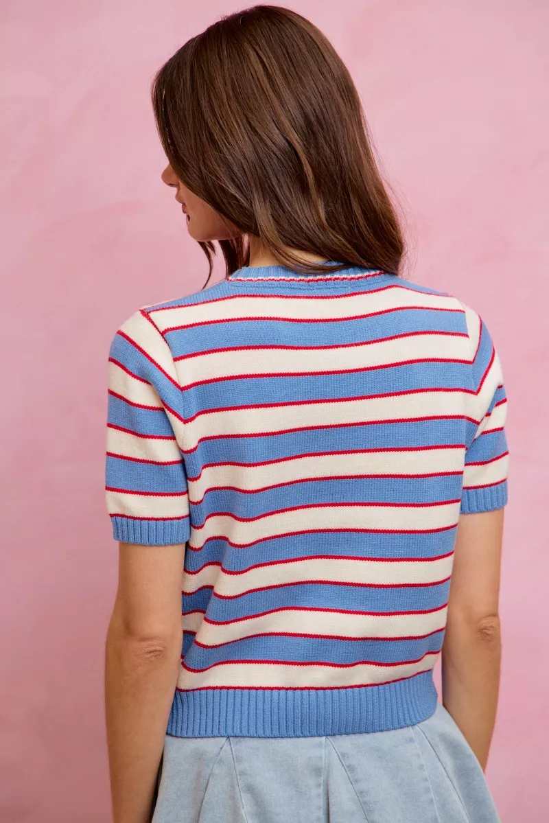 Stripe Knit Crew Neck Short Sleeves Sweater Top, image 7