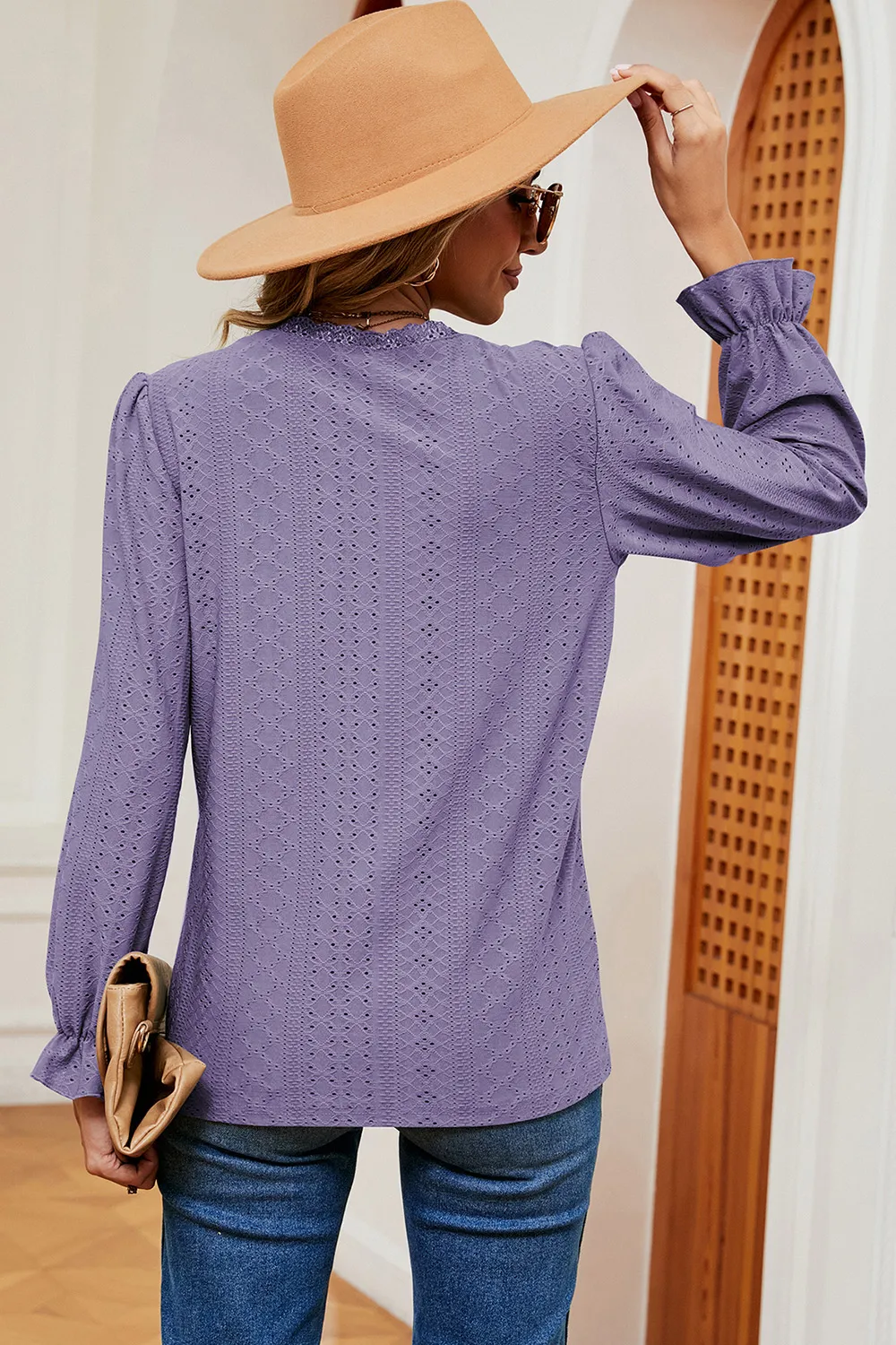 Eyelet V-Neck Flounce Sleeve T-Shirt, image 3