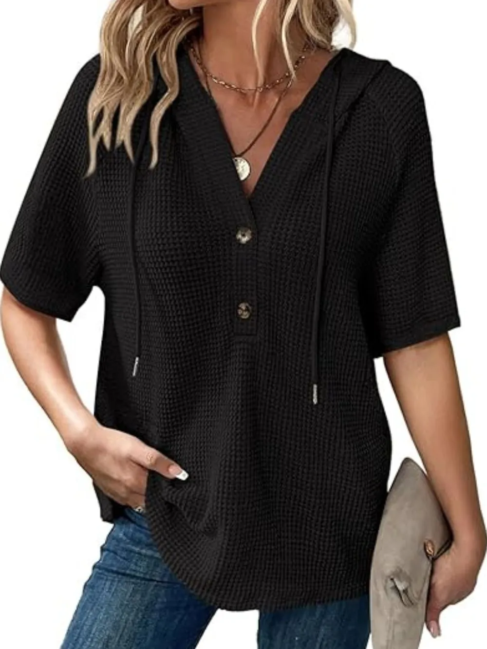 Drawstring Waffle-Knit Short Sleeve Hooded Top, image 6