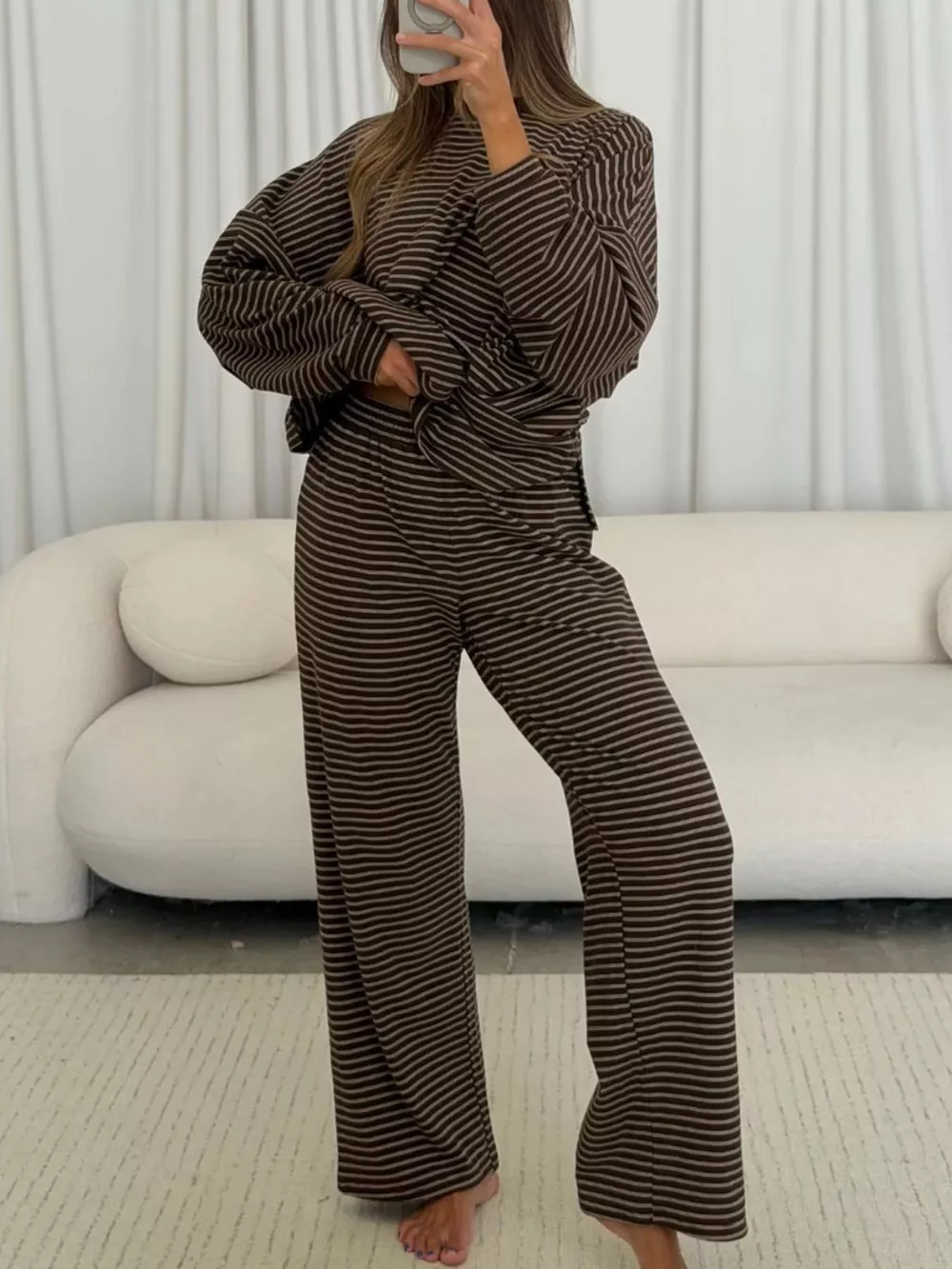 Striped Long Sleeve Top and Wide Leg Pants Set, image 4