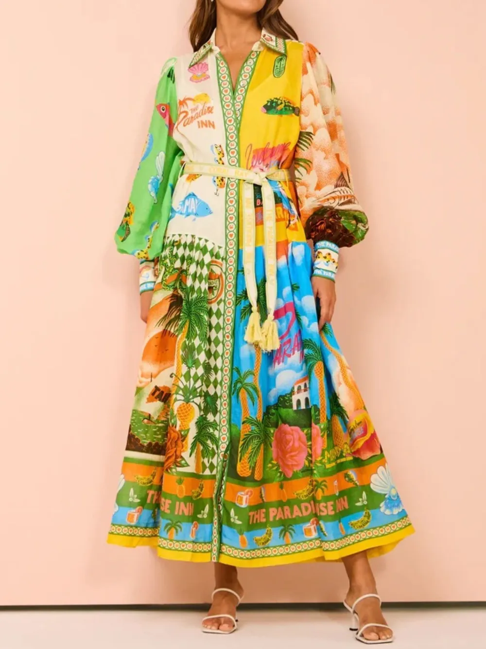 Printed Lantern Sleeve Midi Shirt Dress, image 3