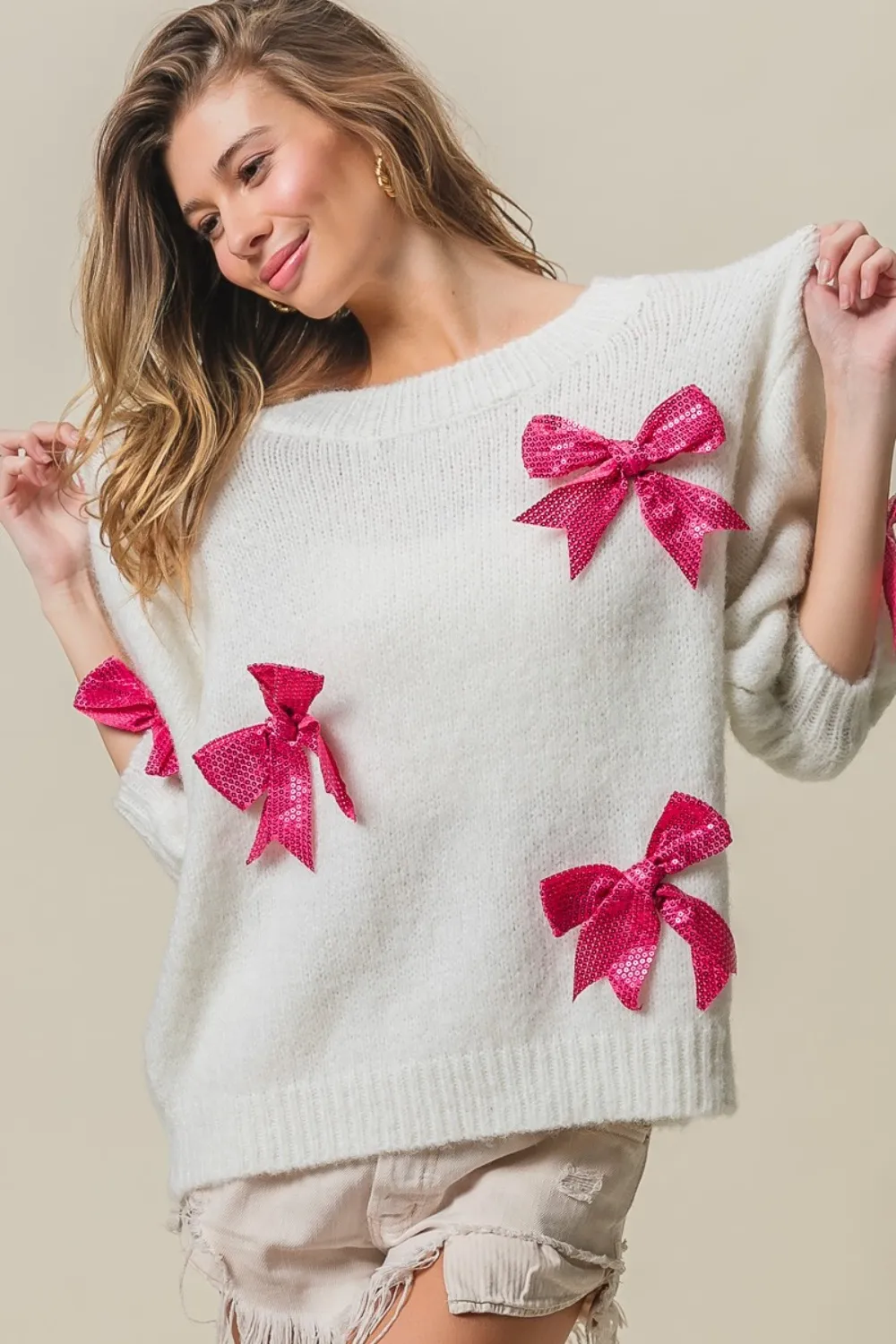Sequin Bow Puff Sleeve Sweater, image 3