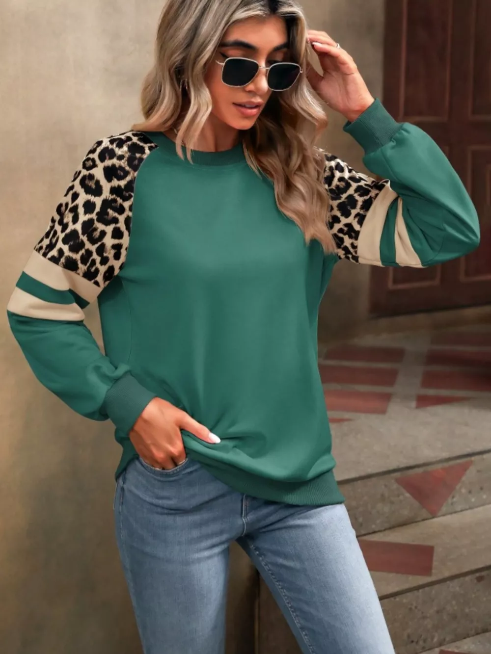 Leopard Raglan Sleeve Striped Sweatshirt, image 16
