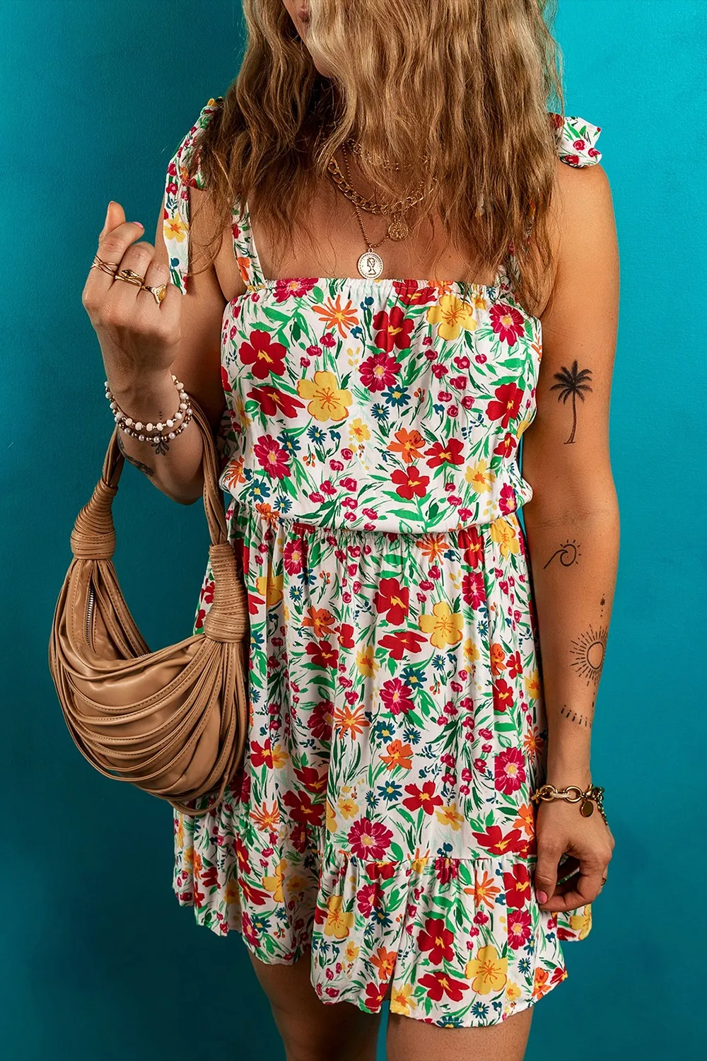 Floral Knotted Straps Cinched Waist Ruffle Hem Mini Dress, image 6