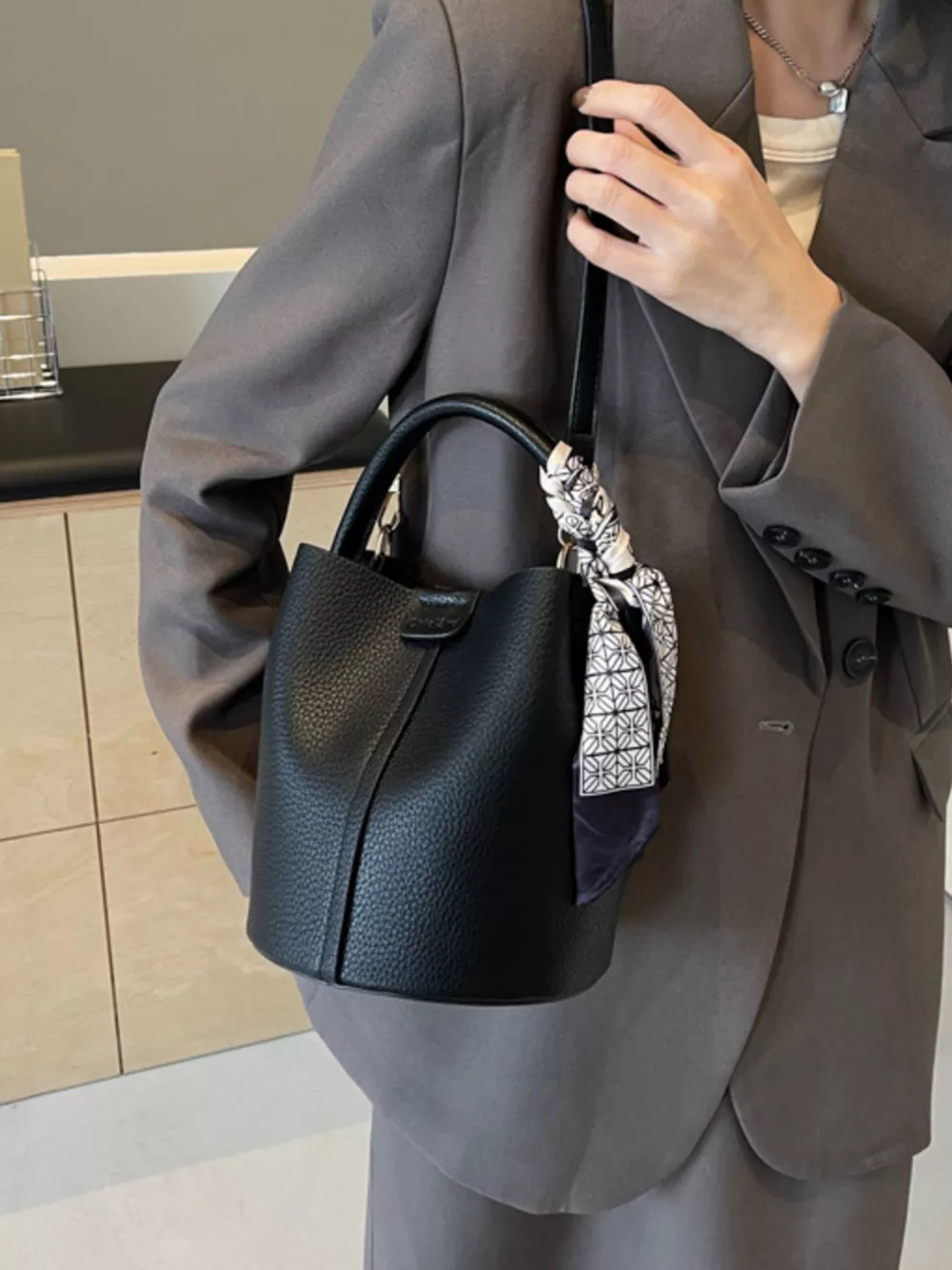 Leather Bucket Crossbody Bag, image 4