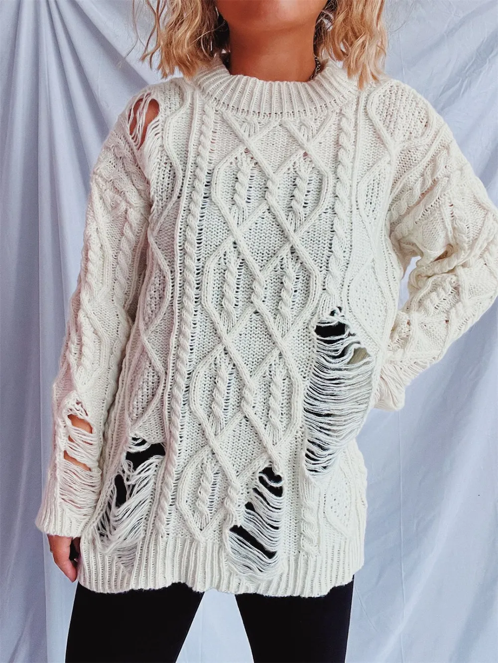 Distressed Cable-Knit Round Neck Long Sleeve Sweater, image 9
