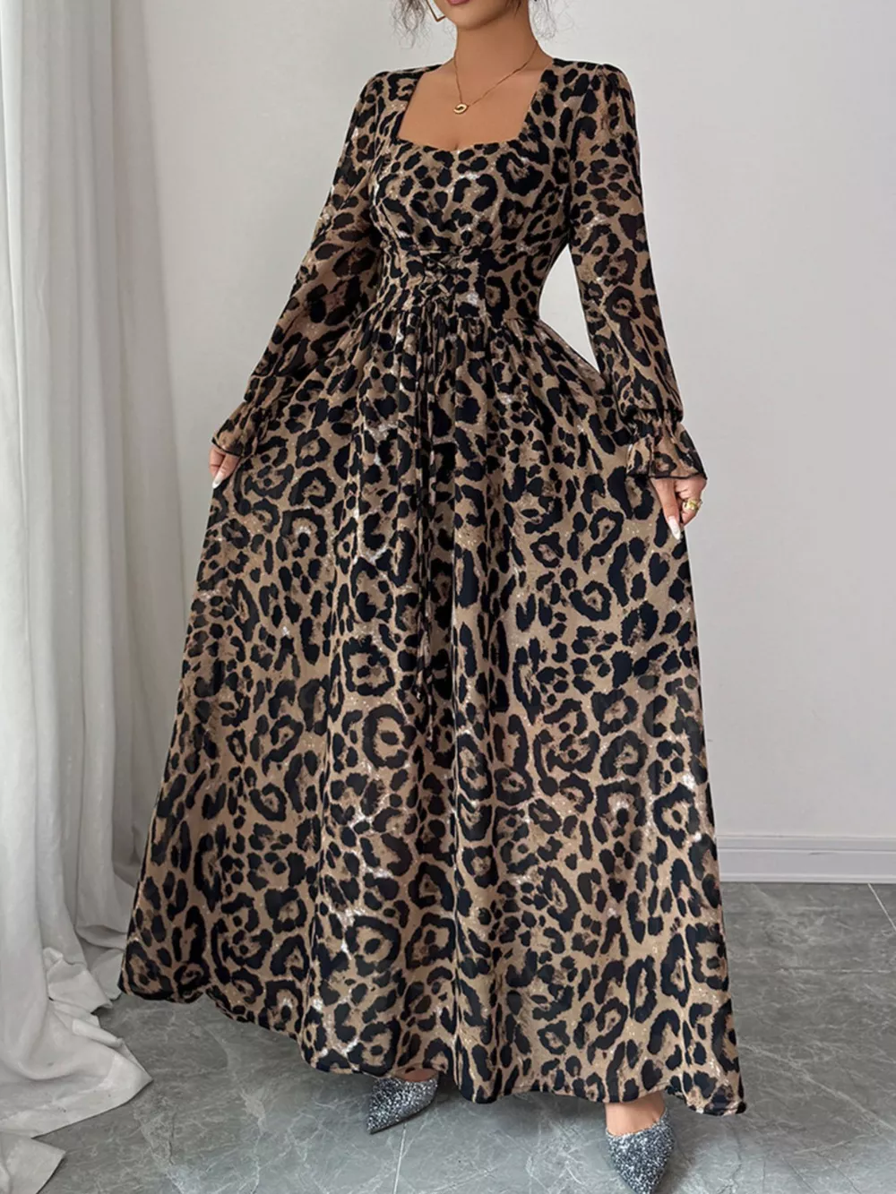 Leopard Sweetheart Neck Flounce Sleeve Maxi Dress, image 4