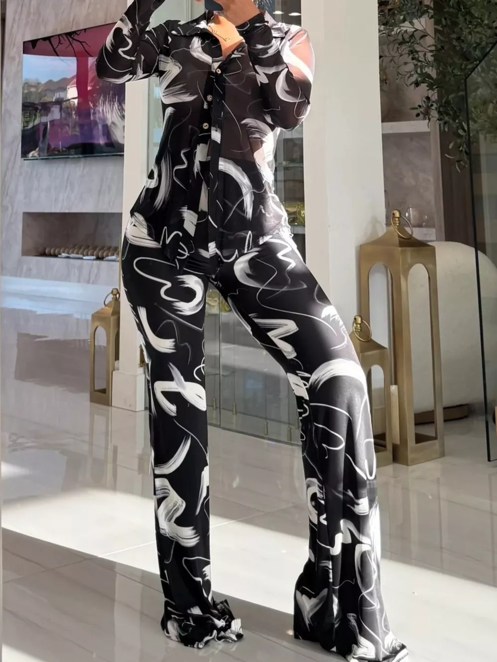 Printed Mesh Shirt and Pants Set, image 9