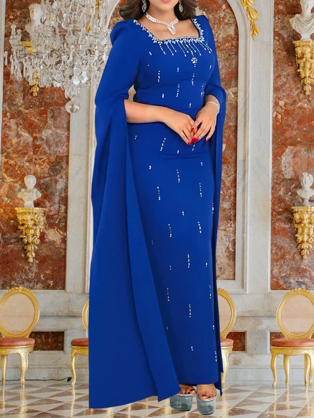 Rhinestone Square Neck Slit Sleeve Maxi Dress, image 10