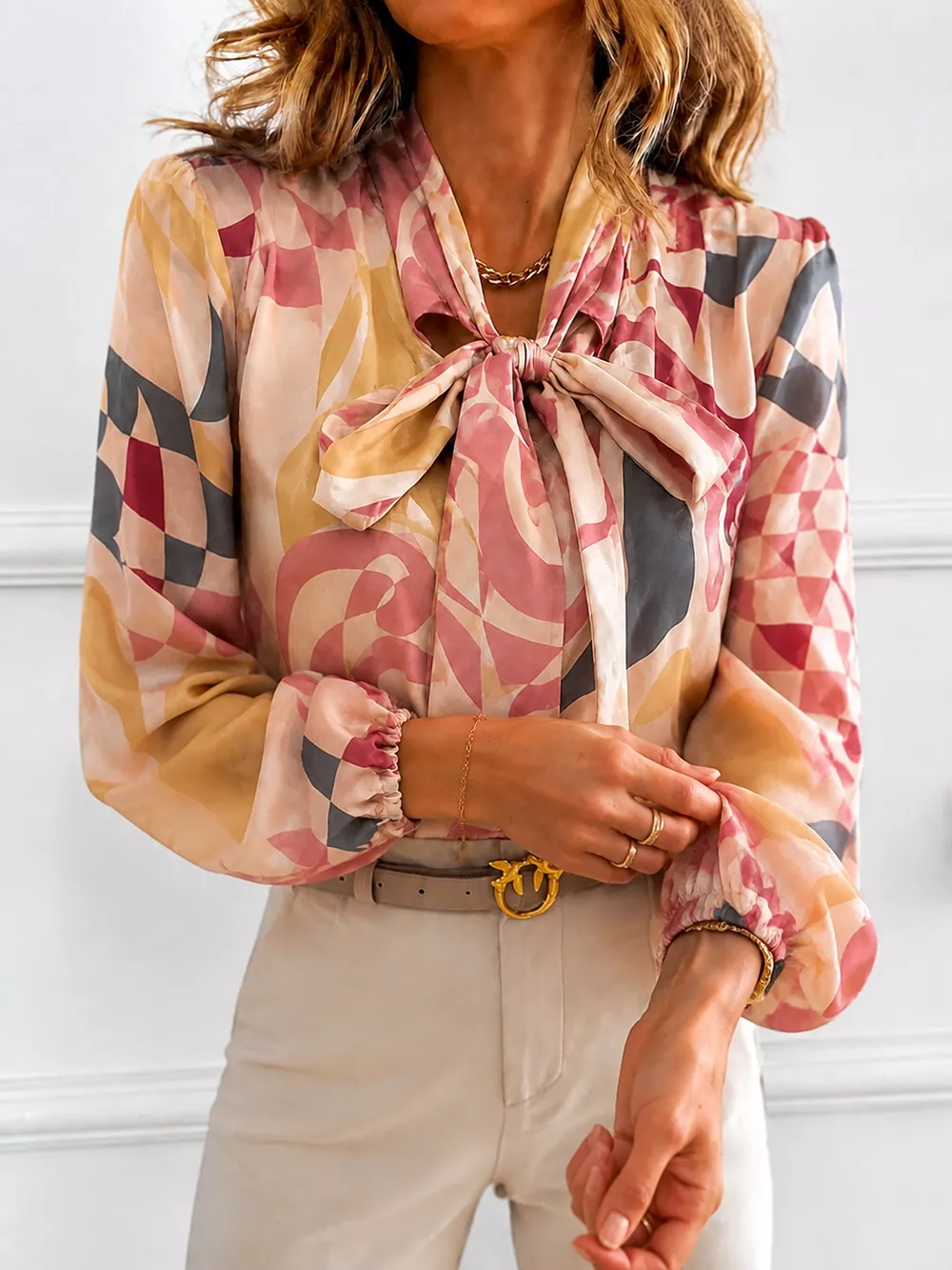 Printed Bow-Tie Neck Long Sleeve Blouse, image 5