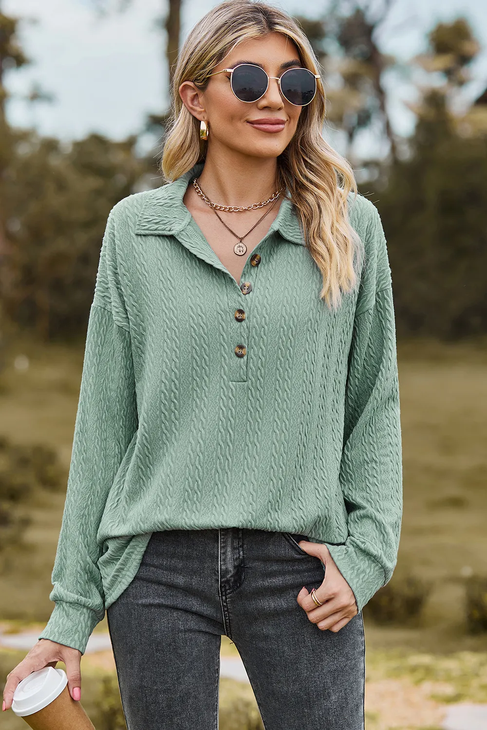 Half Button Dropped Shoulder Blouse, image 16