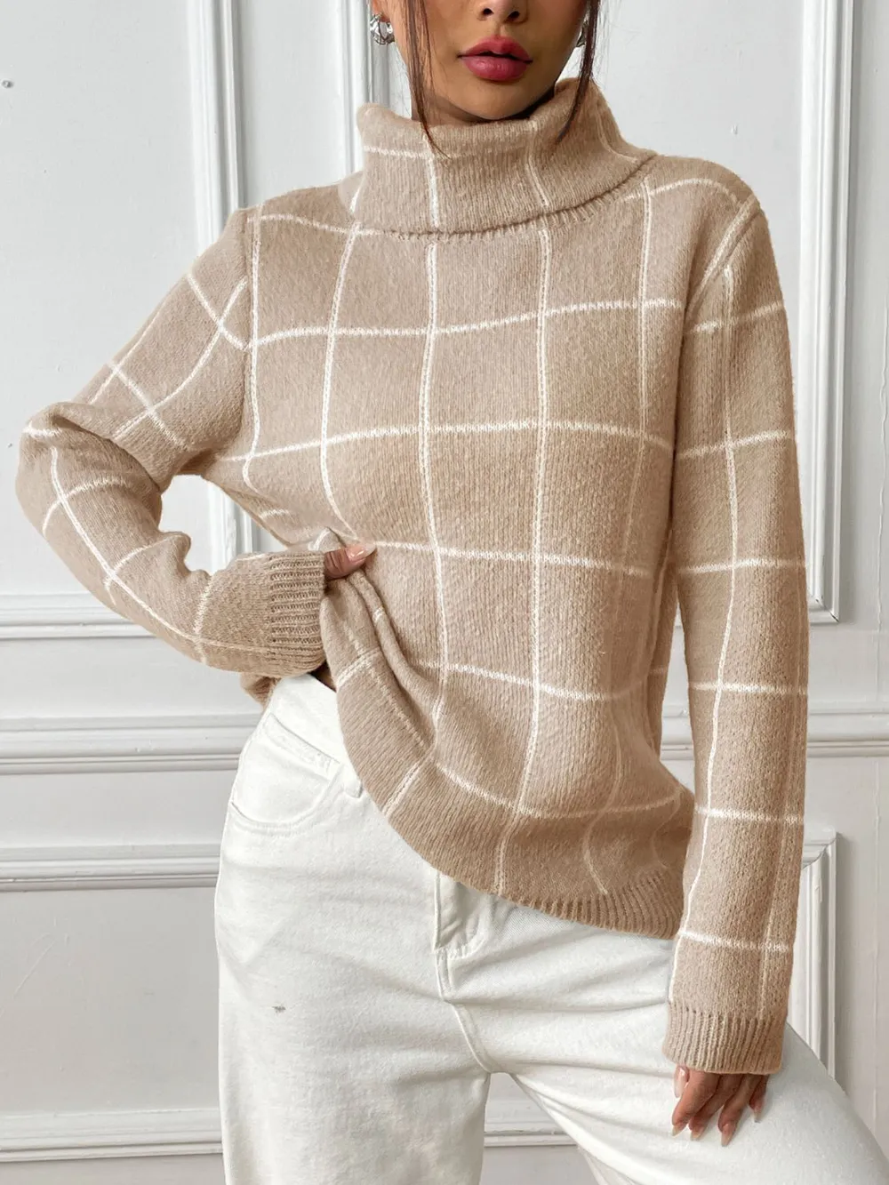 Plaid Turtleneck Long Sleeve Sweater, image 2