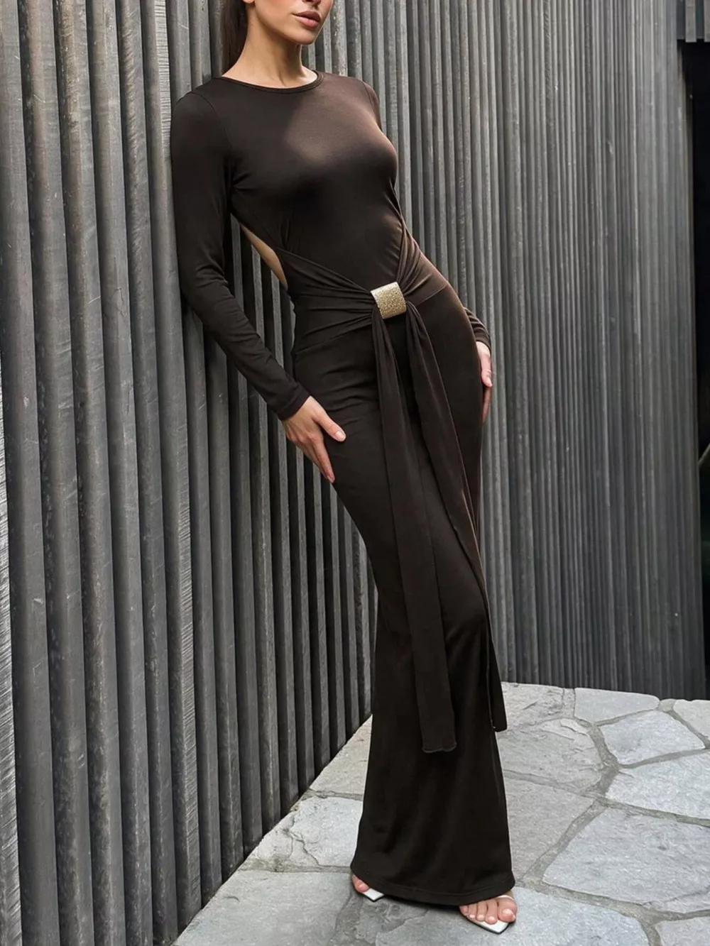 Backless Long-Sleeve Bodycon Maxi Dress with Gold-Tone Waist Buckle, image 3