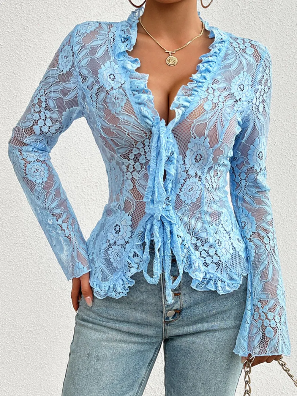 Tied V-Neck Long Sleeve Lace Top, image 9