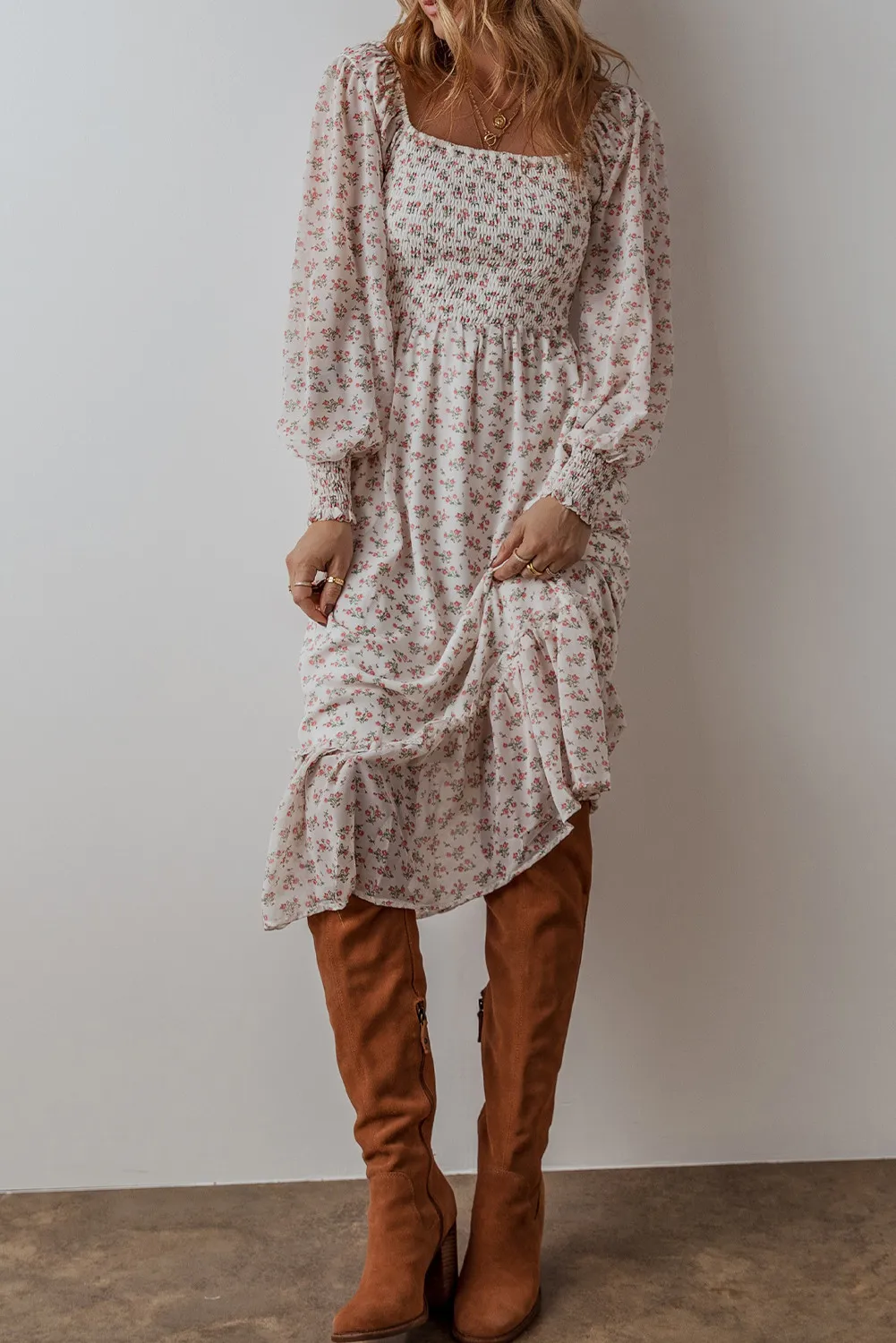Smocked Floral Square Neck Long Sleeve Midi Dress, image 2
