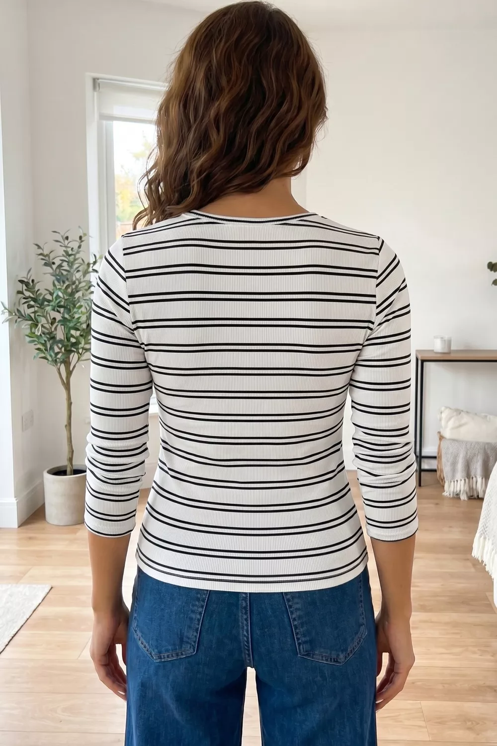 Stripe Ribbed Knit Round Neck Long Sleeve Top, image 2
