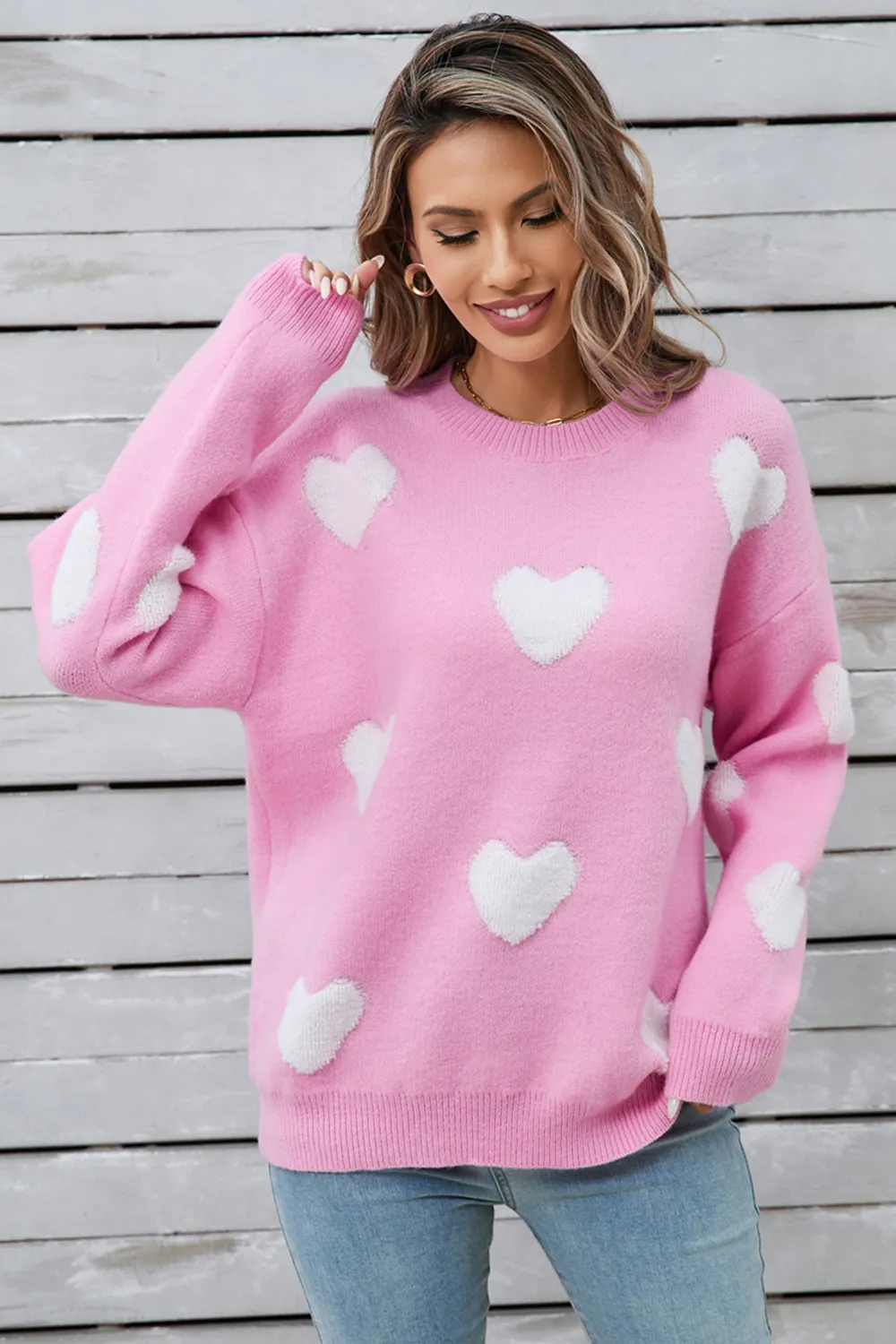 Heart Round Neck Long Sleeve Sweater, image 6