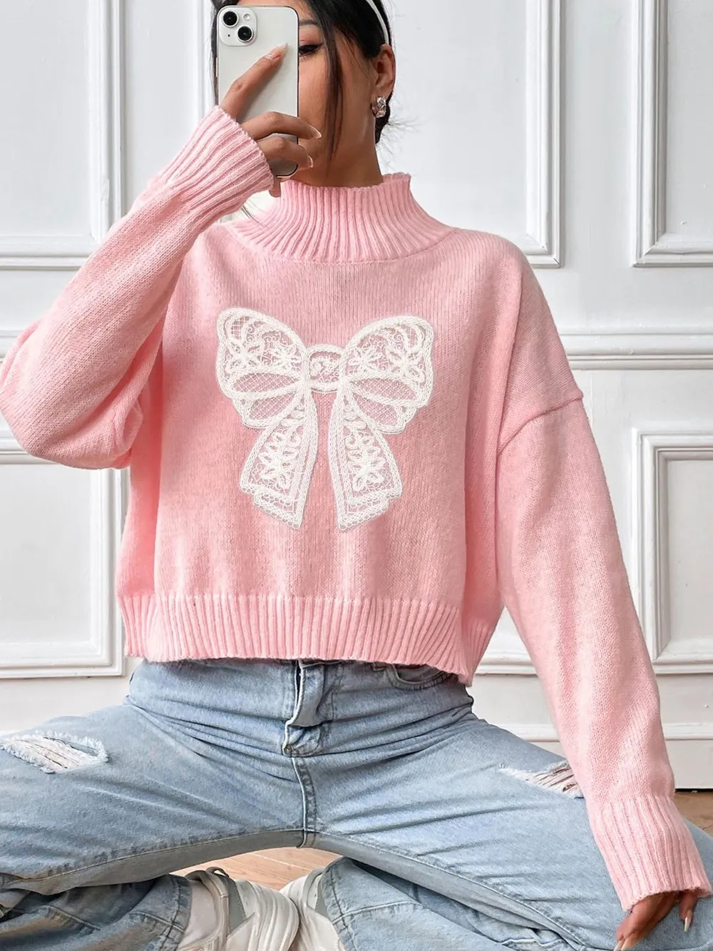 Bow Turtleneck Long Sleeve Sweater, image 8