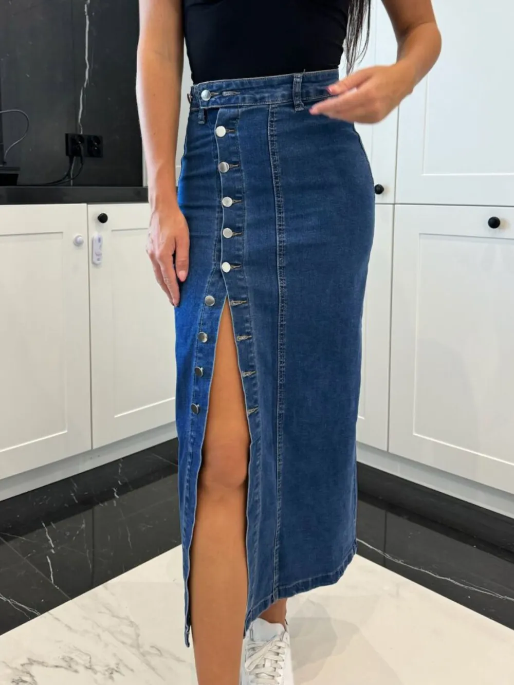 Front Button Slit Midi Denim Skirt, image 2