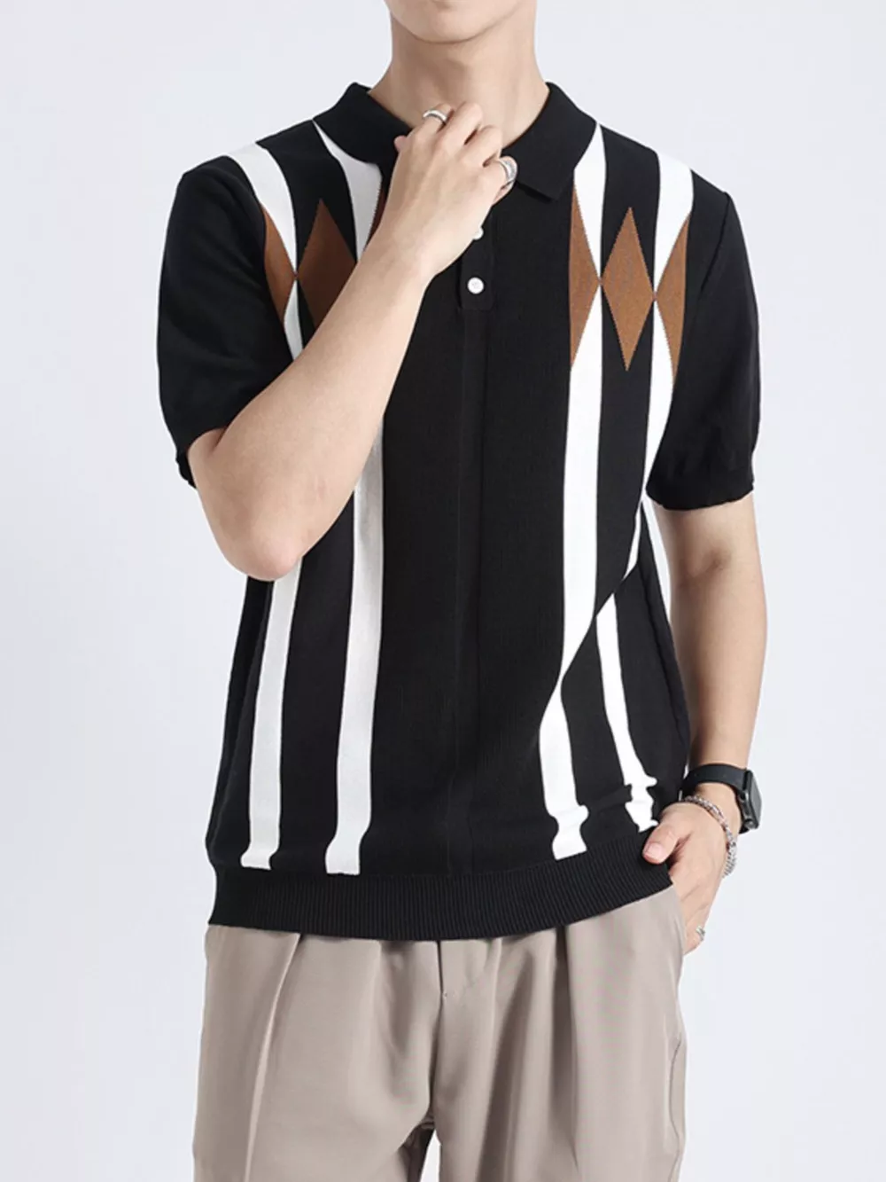 Men's Plus Size Geometric Pattern Knitted Polo, image 4