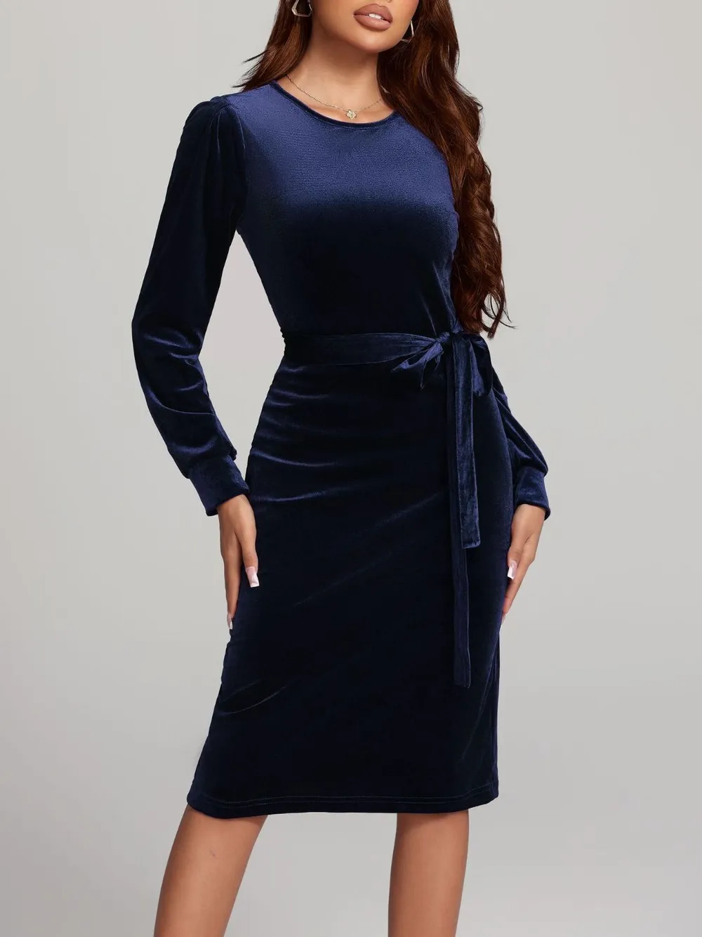 Round Neck Tie Waist Long Sleeve Velvet Dress, image 2