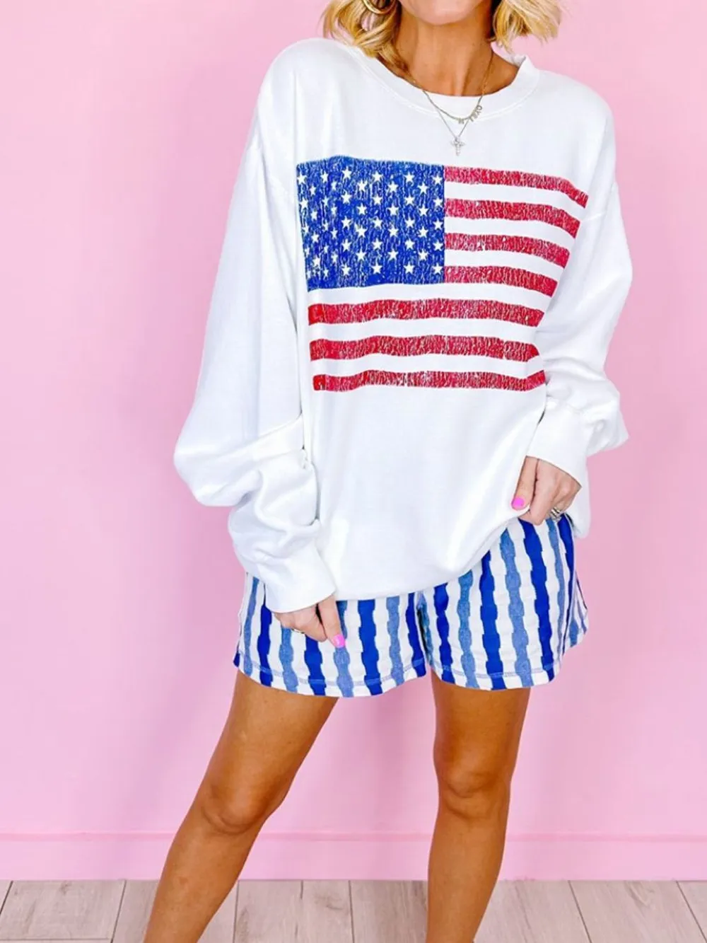 US Flag Round Neck Long Sleeve Sweatshirt, image 3