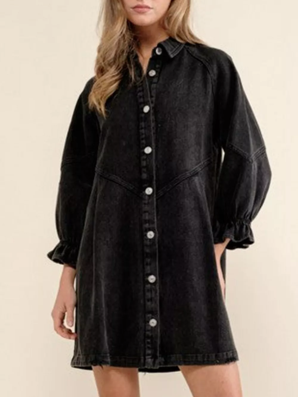 Ruffled Cuff Button-Down Denim Dress