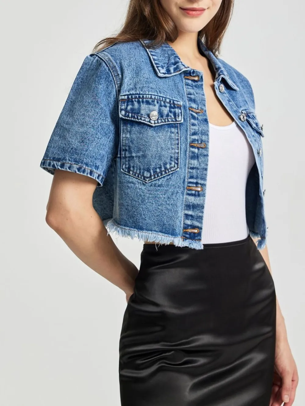 Cropped Short Sleeve Denim Jacket with Frayed Hem, image 7
