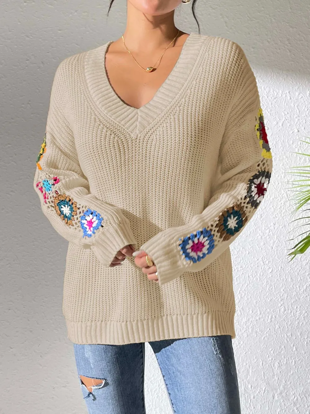 Crochet Flower V-Neck Sweater, image 17