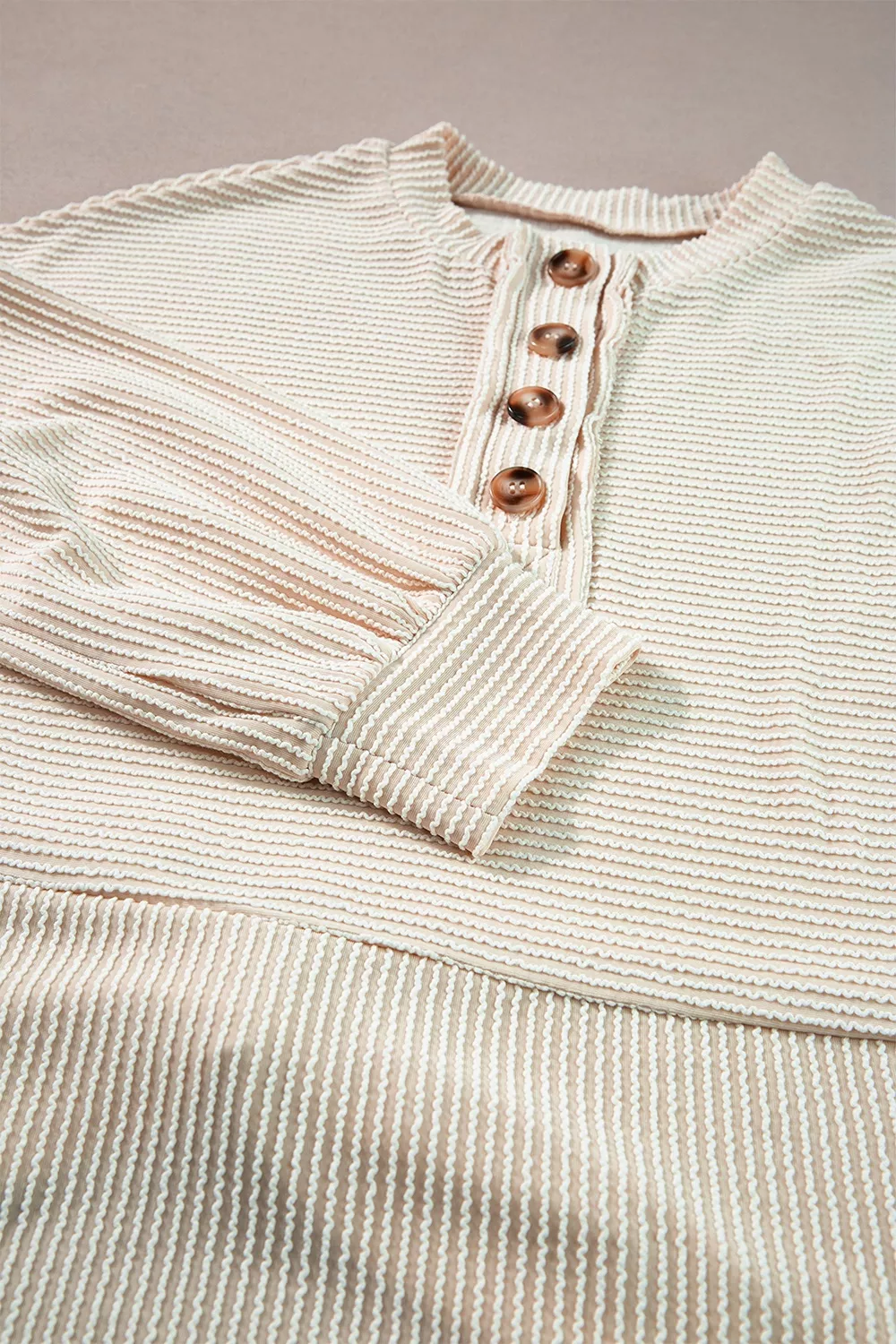 Corded Texture Lantern Sleeve Buttons Henley Sweatsuit, image 12