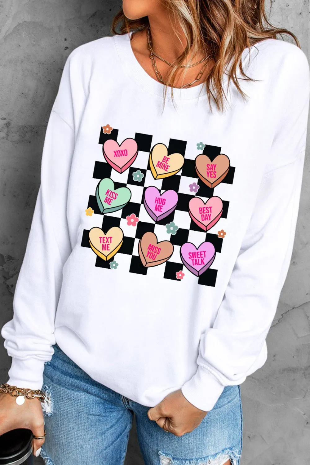 Valentine's Day Checkered Heart Long Sleeve Sweatshirt, image 5
