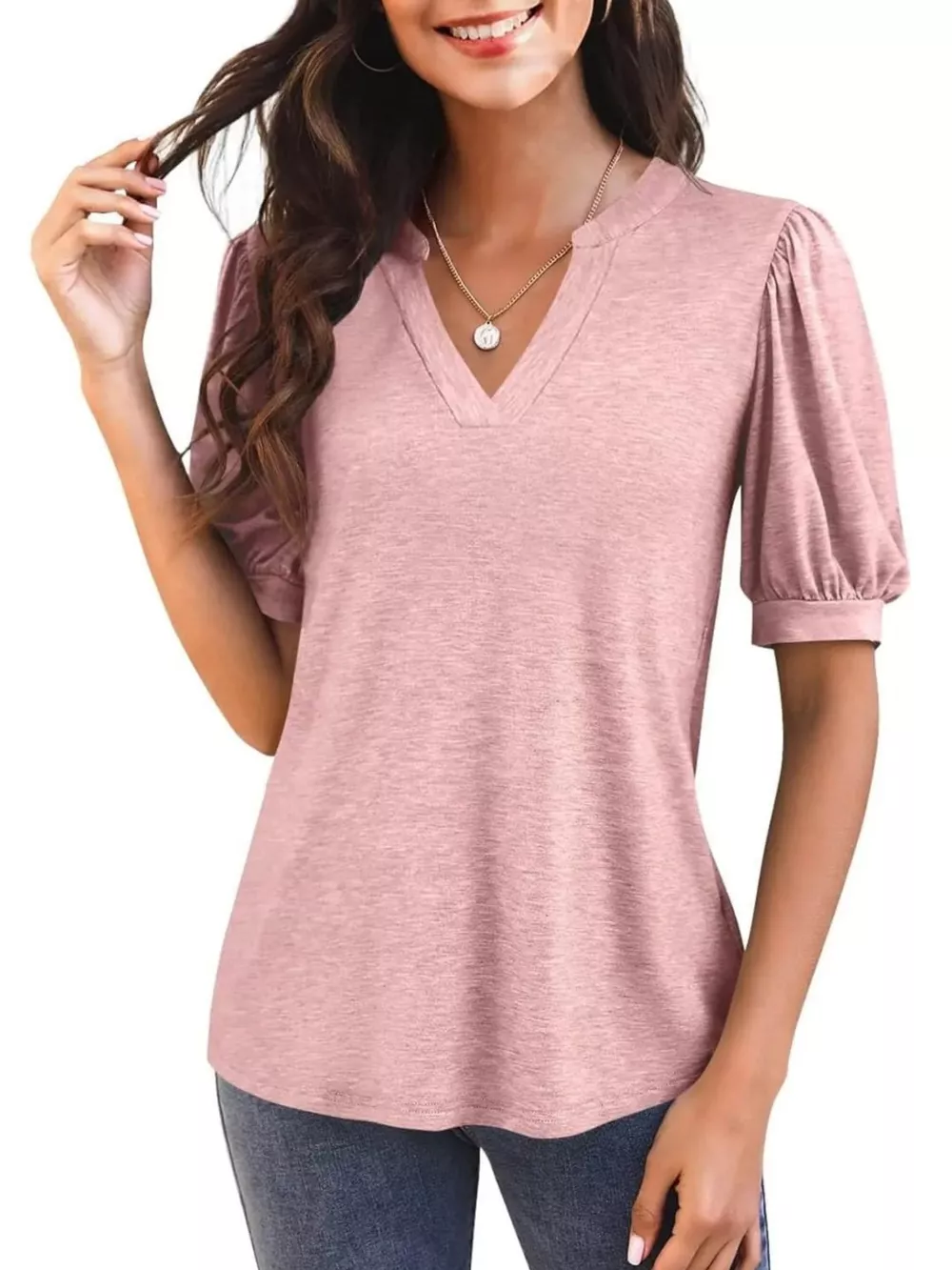 Puff Sleeve Notched Casual T-Shirt, image 10