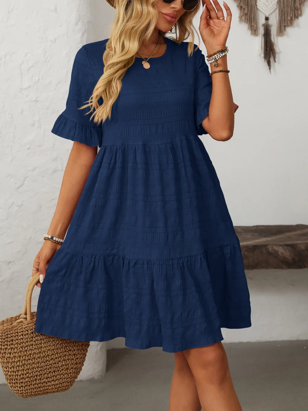 Ruffled Ruched Round Neck Half Sleeve Dress, image 7