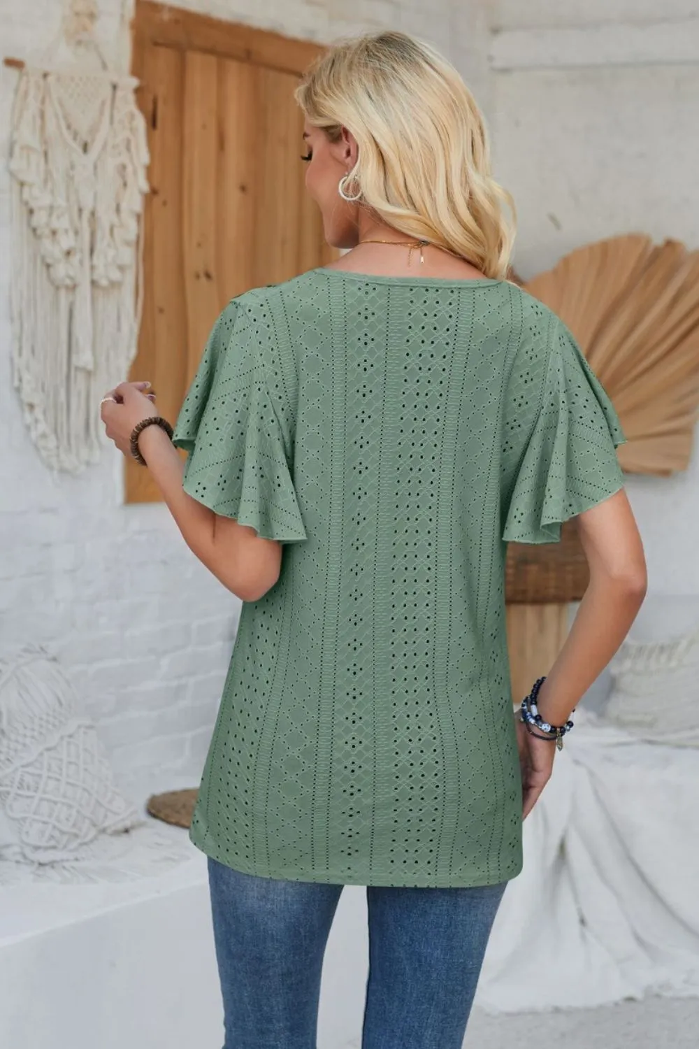 Eyelet Applique V-Neck Cap Sleeve T-Shirt, image 24