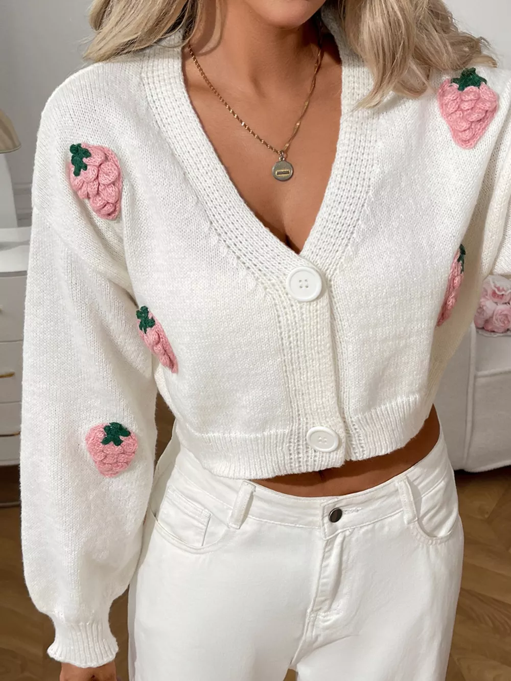 Strawberry Cropped Button-Up Cardigan, image 5