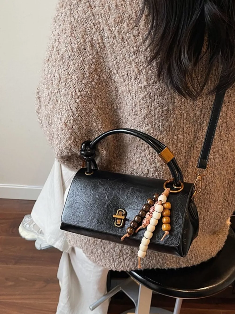 Leather Crossbody Bag with Bead Charm, image 9