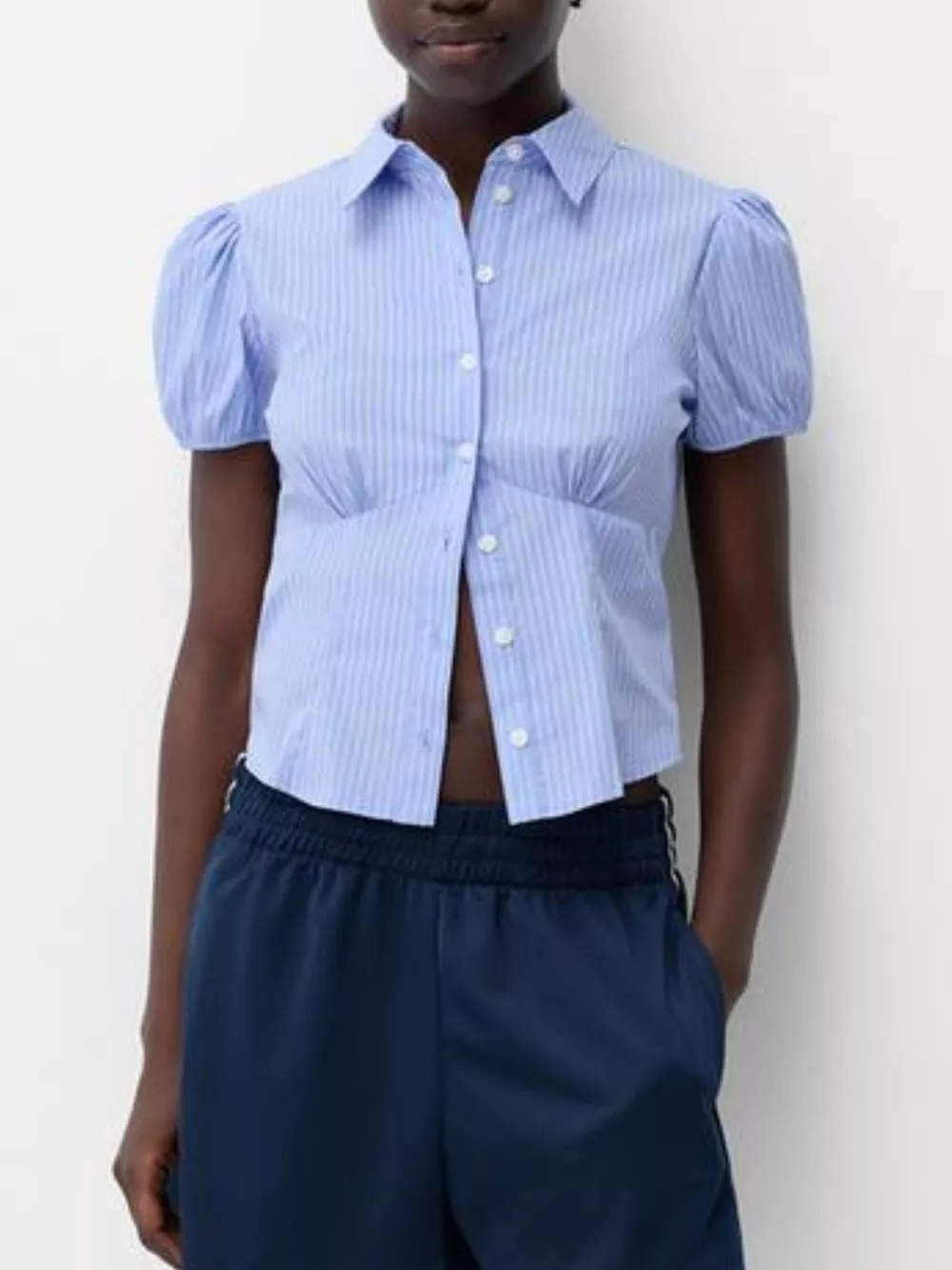 Striped Puff Sleeve Fitted Shirt, image 5